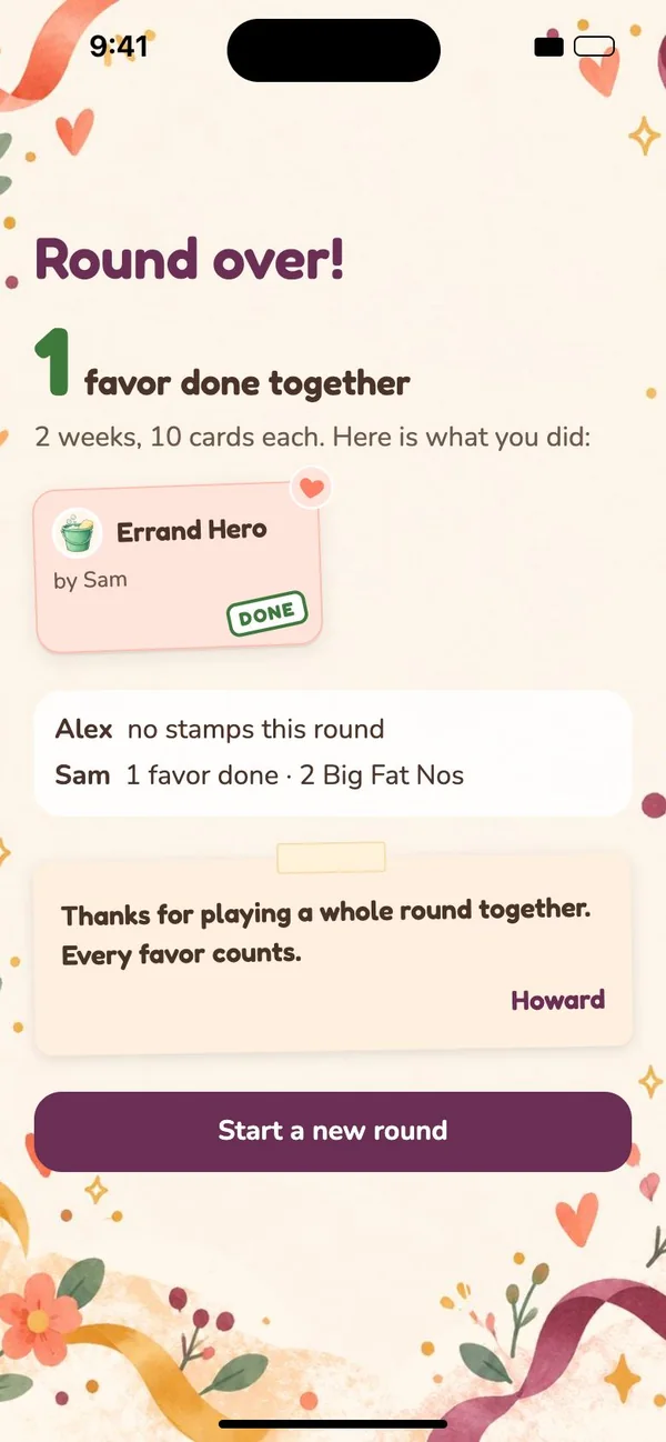 The Round over screen: 1 favor done together, with a thank-you note